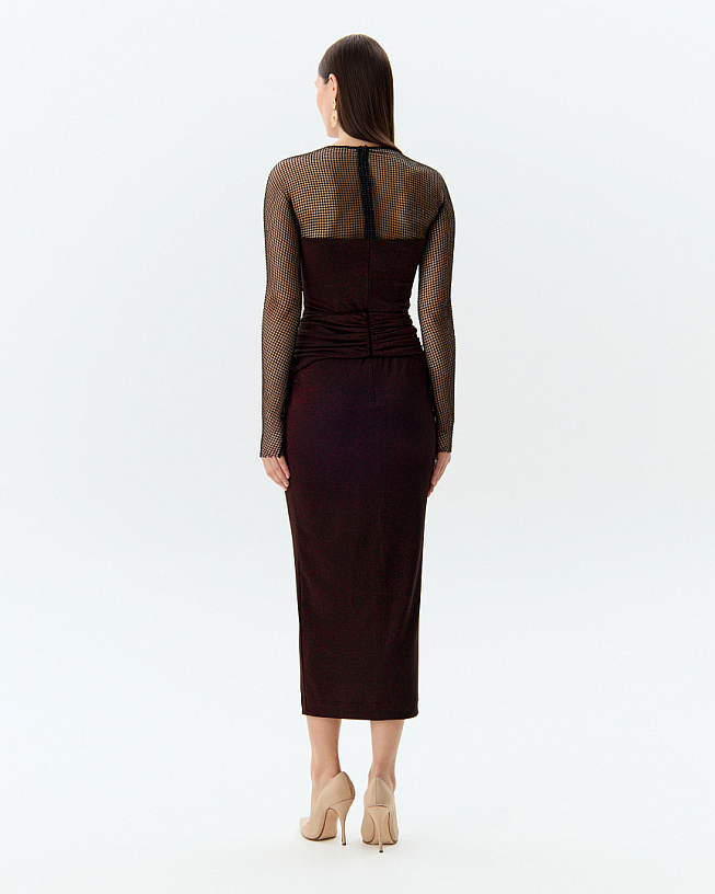 Burgundy fitted dress with drapery, midi length