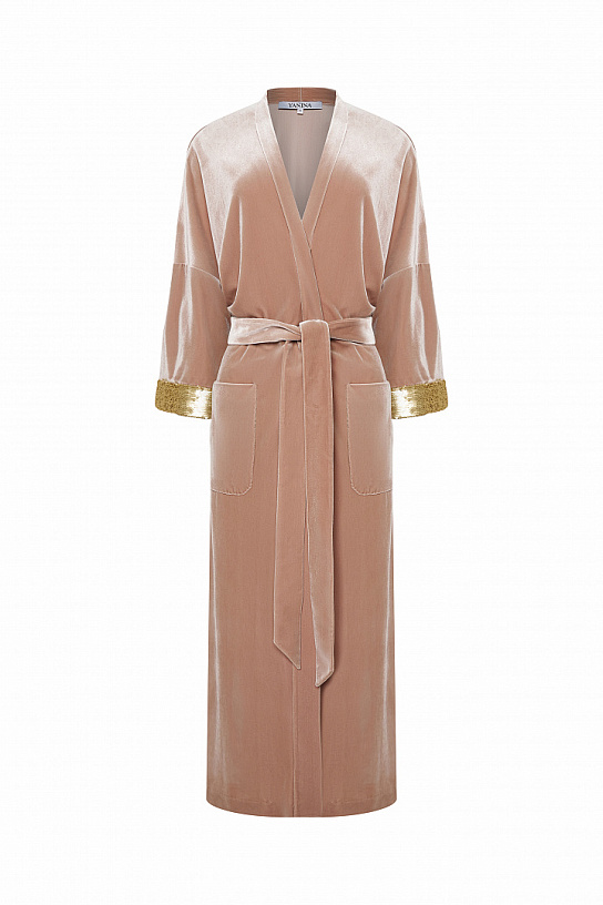 Beige velvet suit.