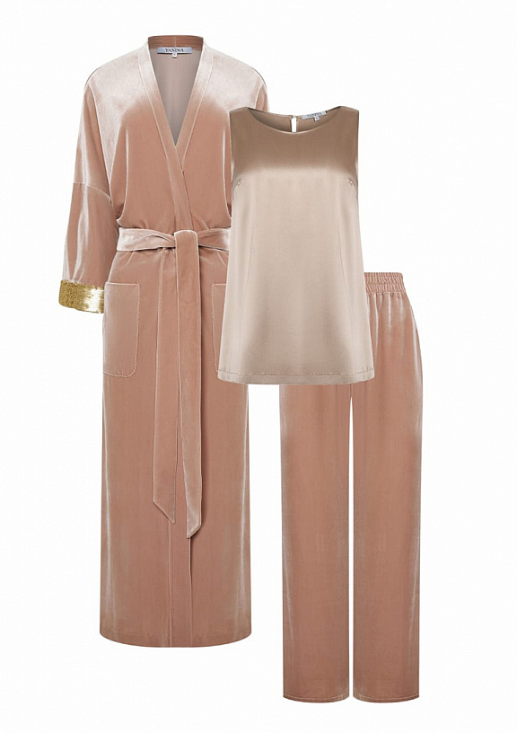 Beige velvet suit.
