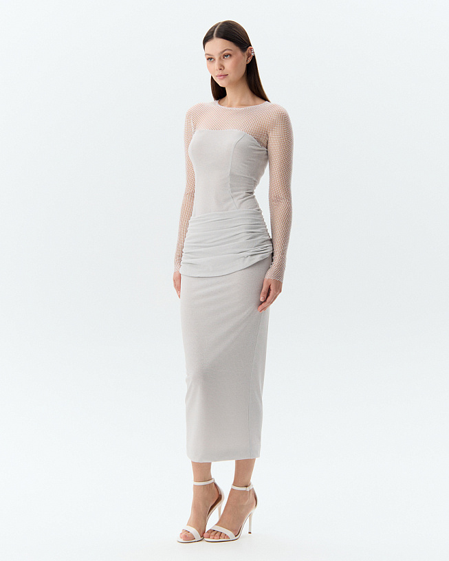 The dress is grey with drapery