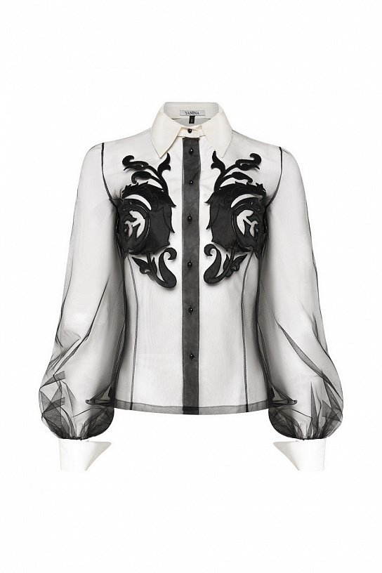 Black mesh blouse with appliqués