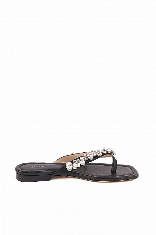 Women's leather flip-flops with stones in black color