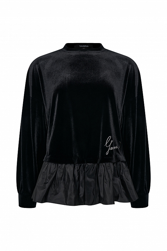 Black velvet sweatshirt with ruffle at the bottom