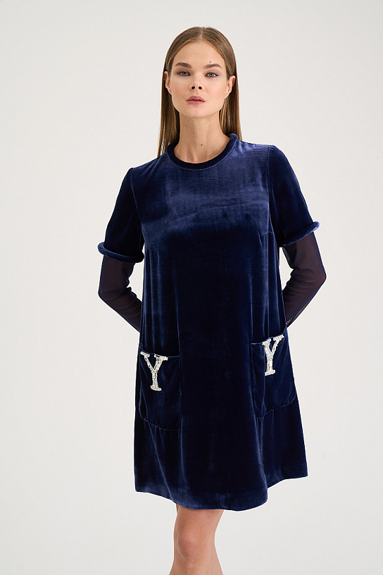 Blue silk velvet dress
