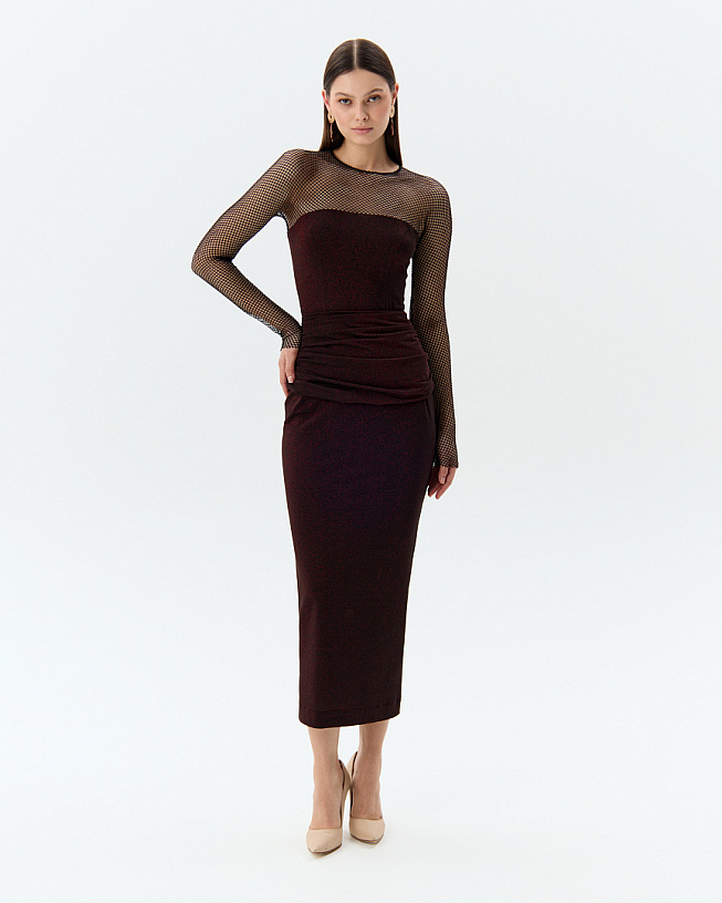 Burgundy fitted dress with drapery, midi length