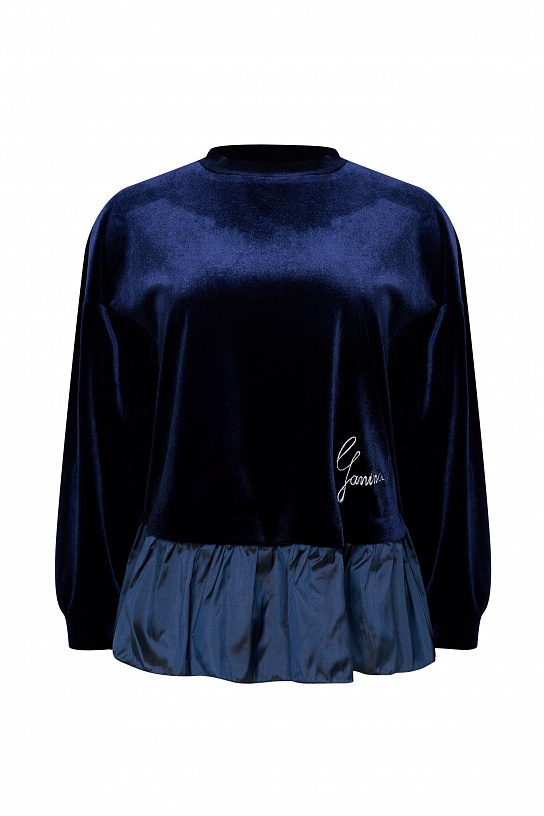 Blue velvet sweatshirt with frill at the bottom