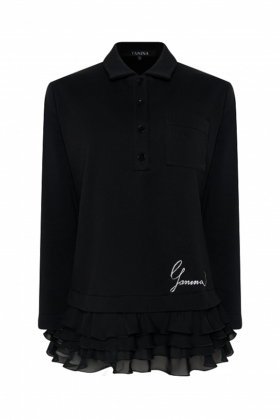 Black fleece polo with ruffle at the bottom