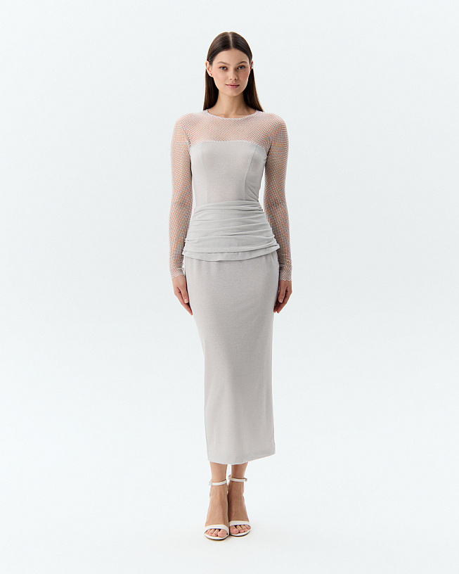 The dress is grey with drapery