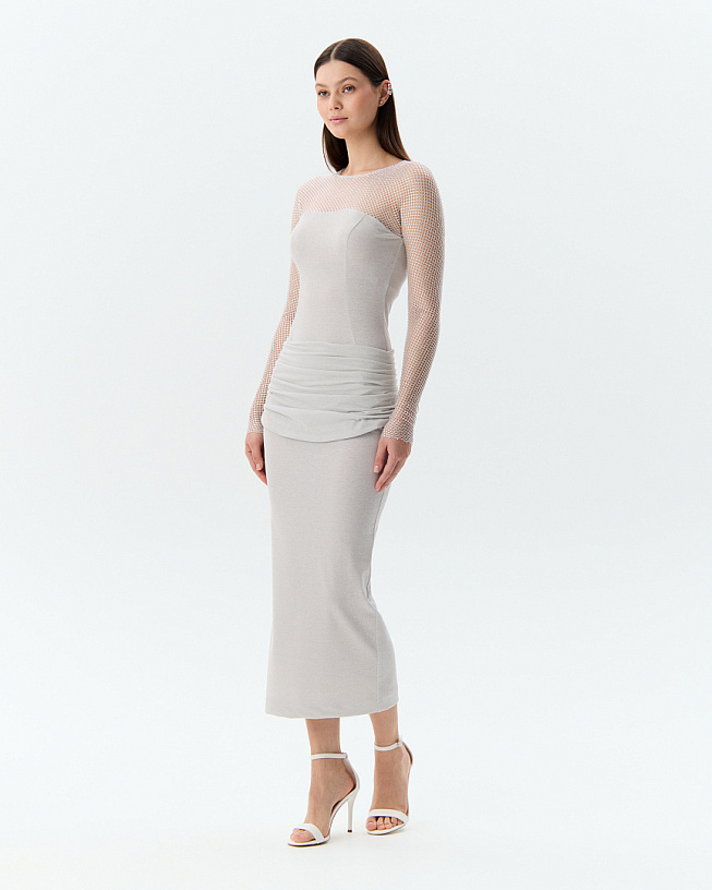 The dress is grey with drapery