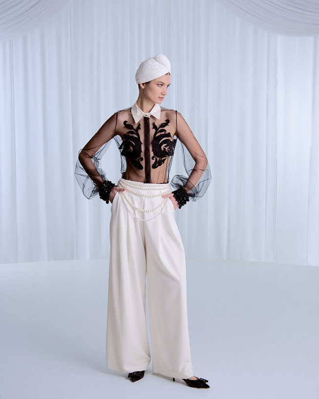 Black mesh blouse with appliqués