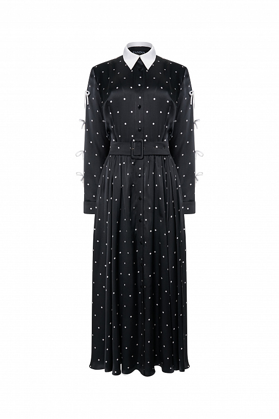 Black silk midi dress with white polka dots