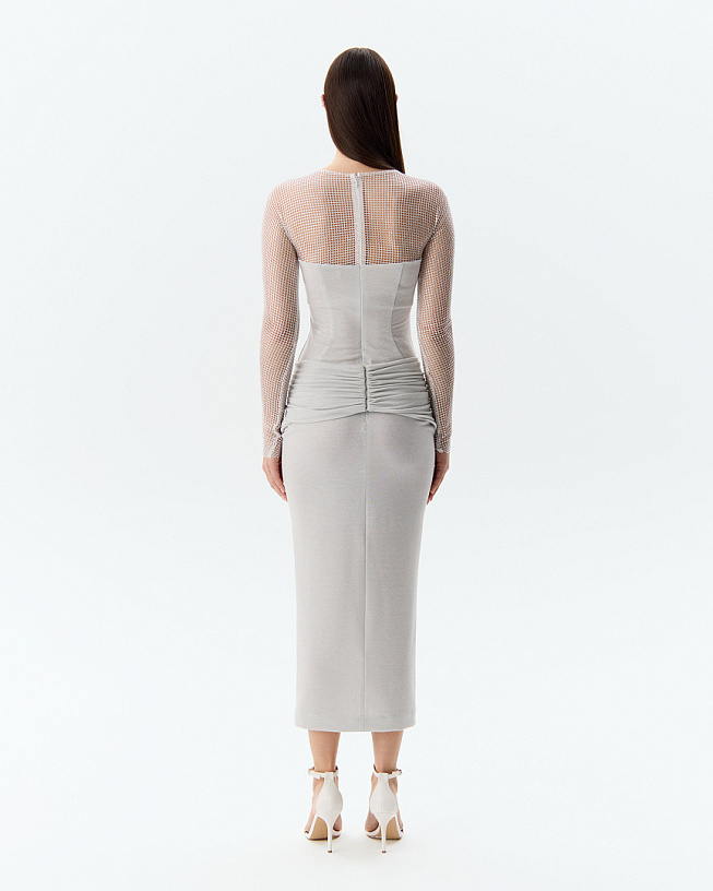 The dress is grey with drapery