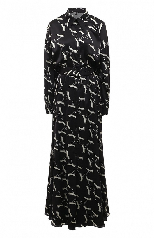 Black silk dress with chaotic Y print.